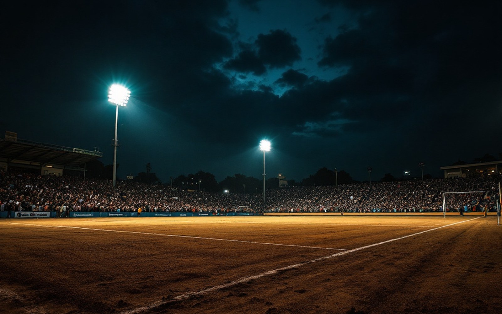 A dirt pitch with goalposts at dusk, wide