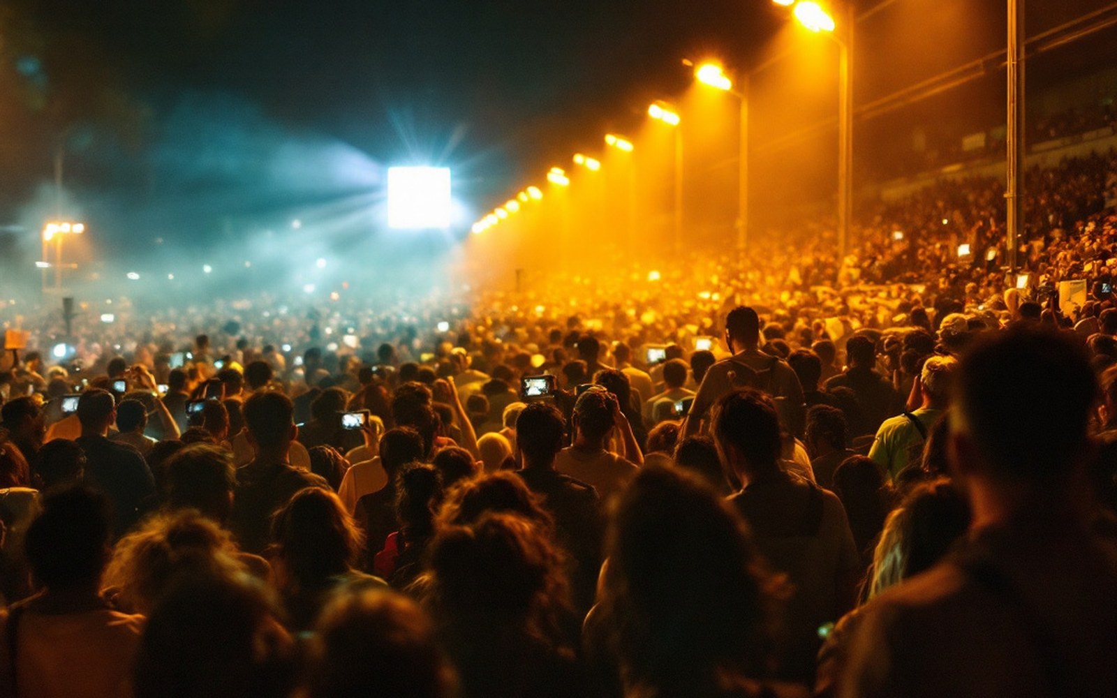 A packed stand under floodlight, motion blur, warm lamps