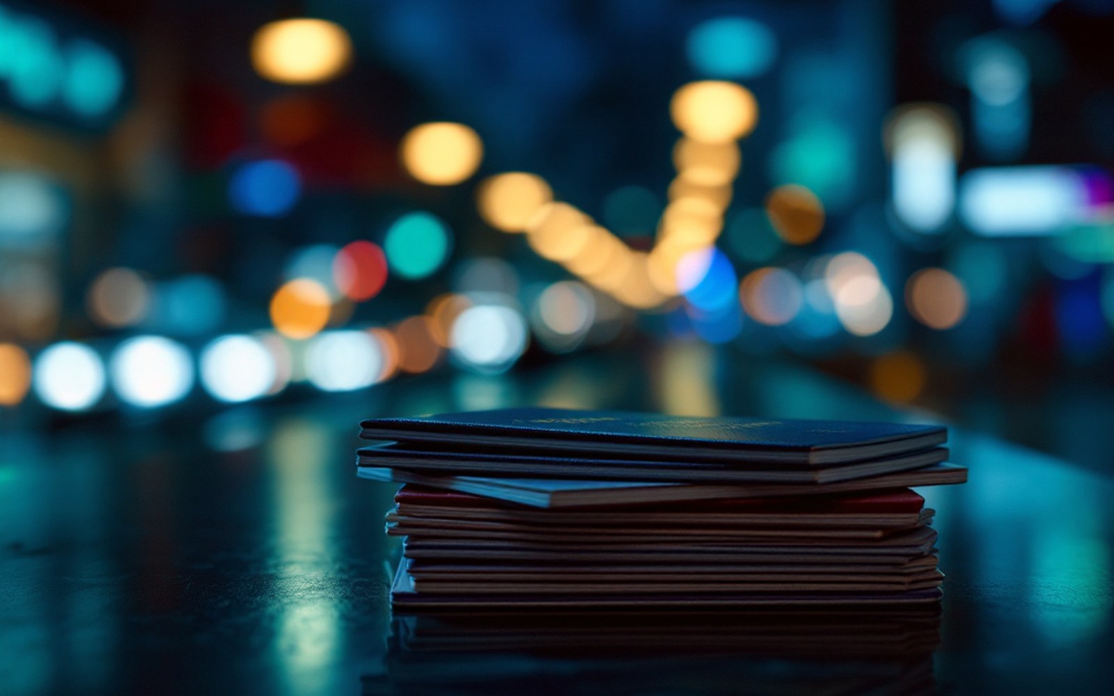 A stack of passports on a dark surface, one light