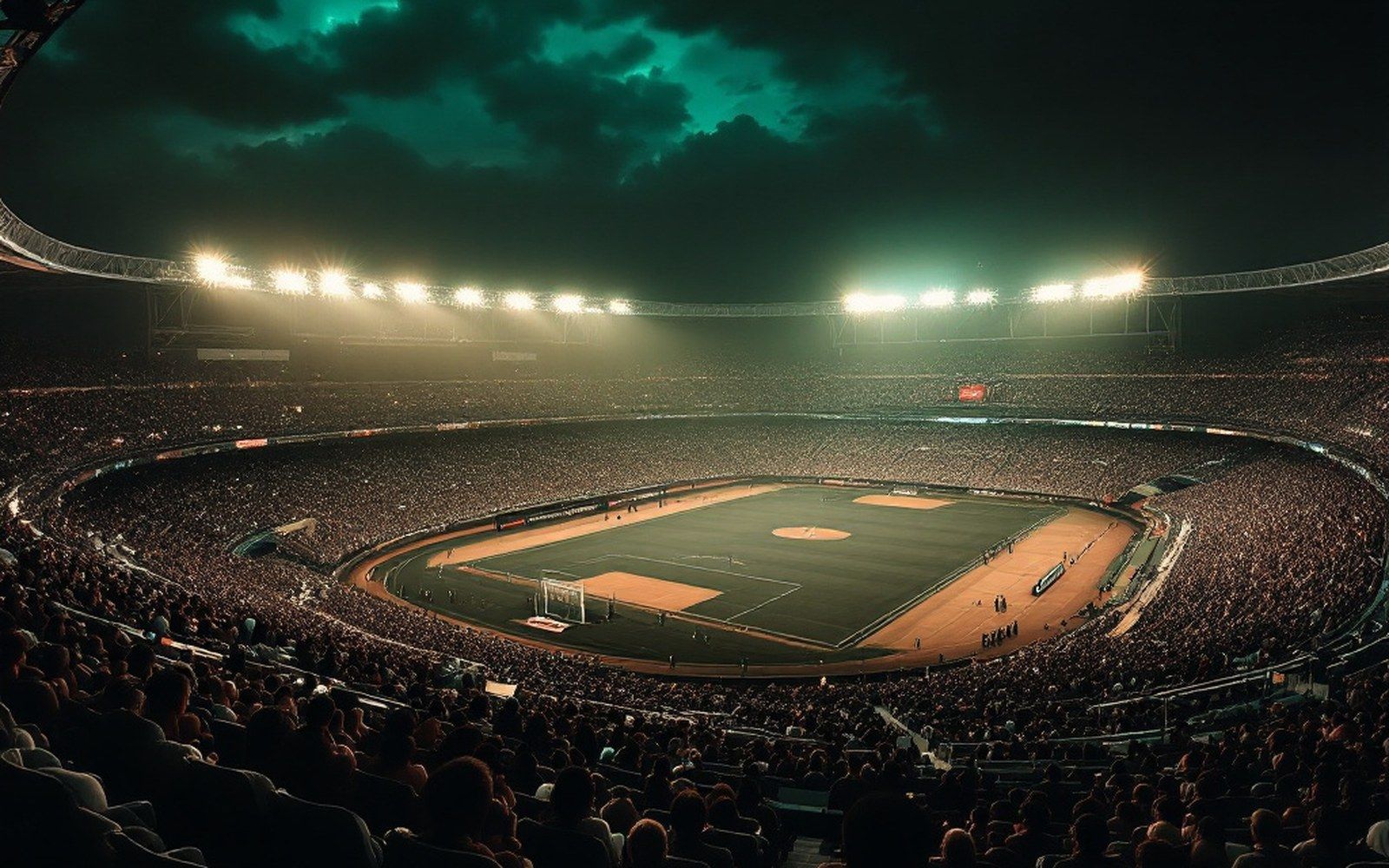 An empty stadium bowl seen from the top tier, wide