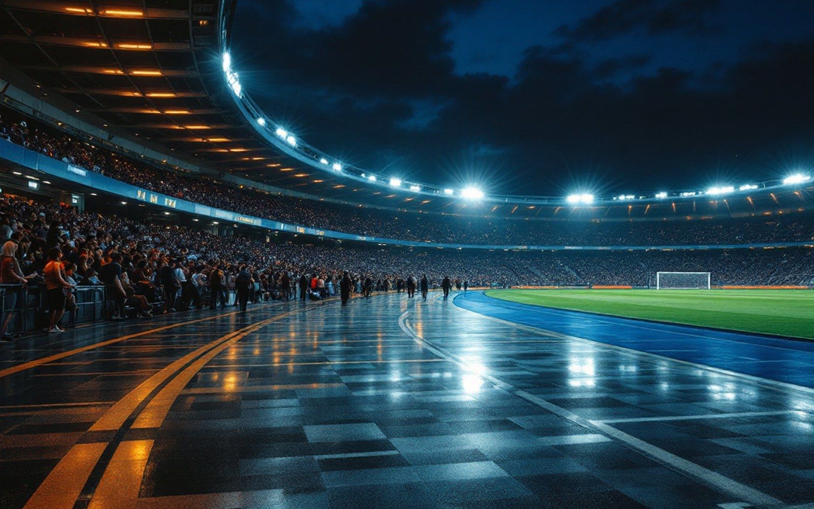 A tidy stadium concourse, clean lines, evening light