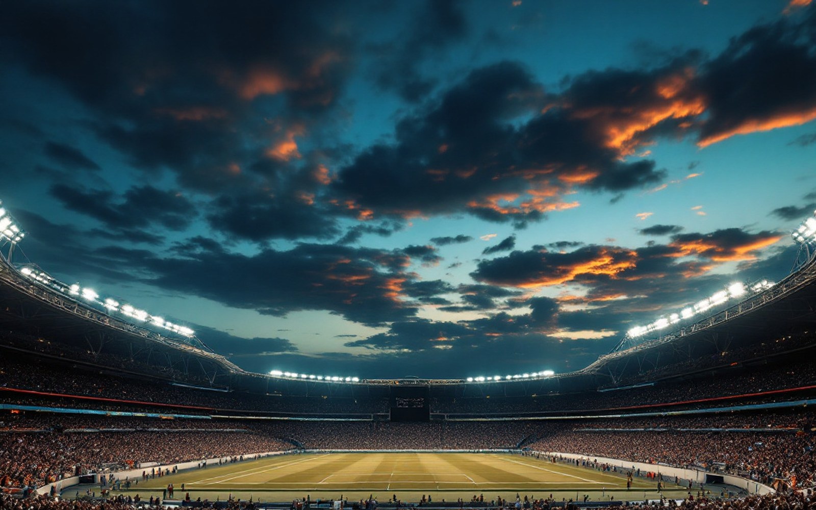 A stadium roof structure against evening sky, wide