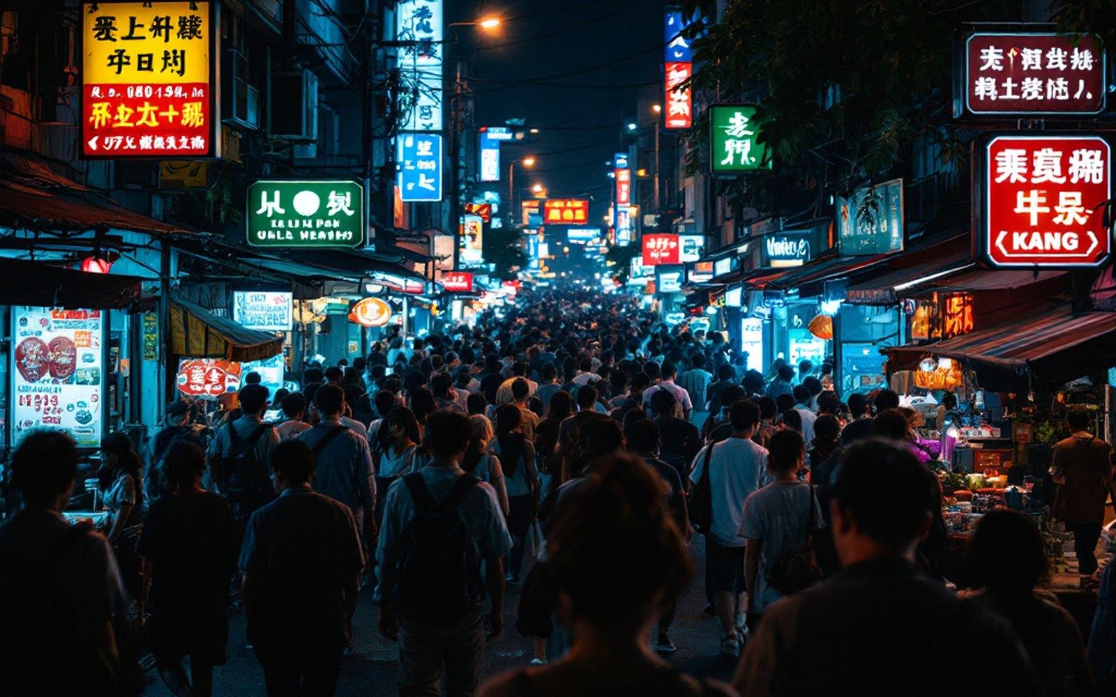A crowded street at night lit by shopfronts and phone screens