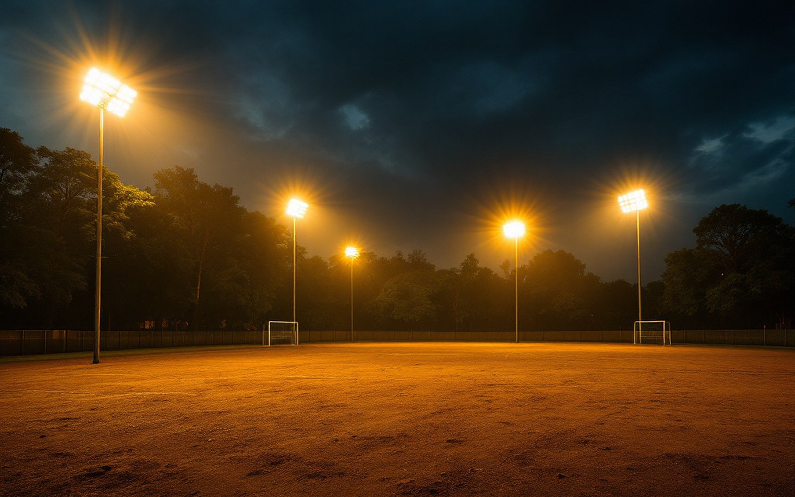 A dirt training pitch with goalposts at dusk