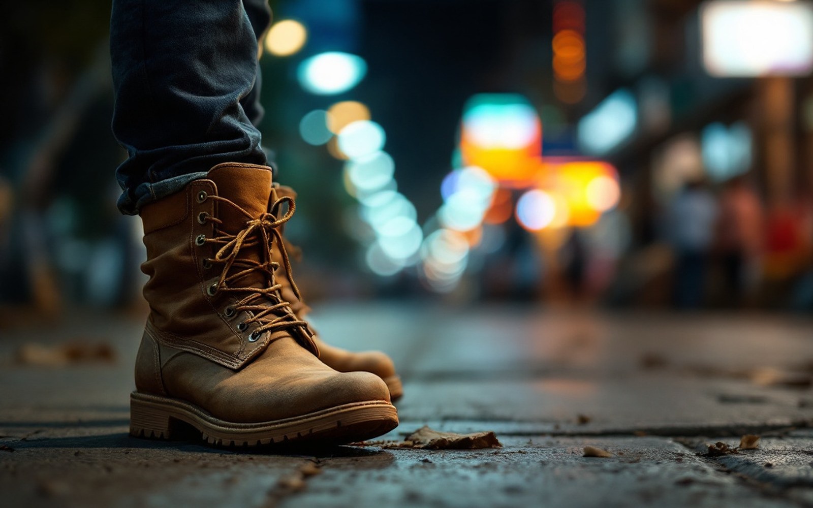 A pair of worn boots on concrete, close