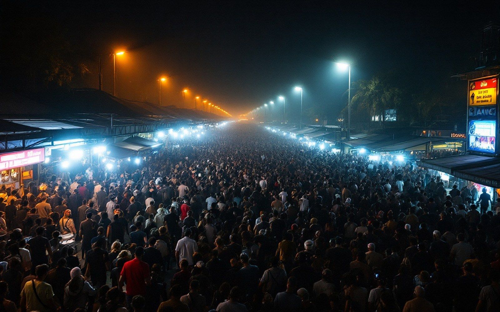 A floodlit stand at night, crowd as texture, warm lamps